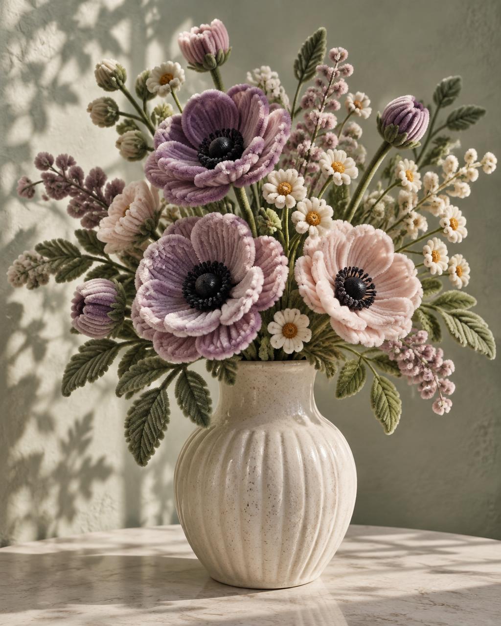 Mixed mauve velvet botanicals and cream daisies
