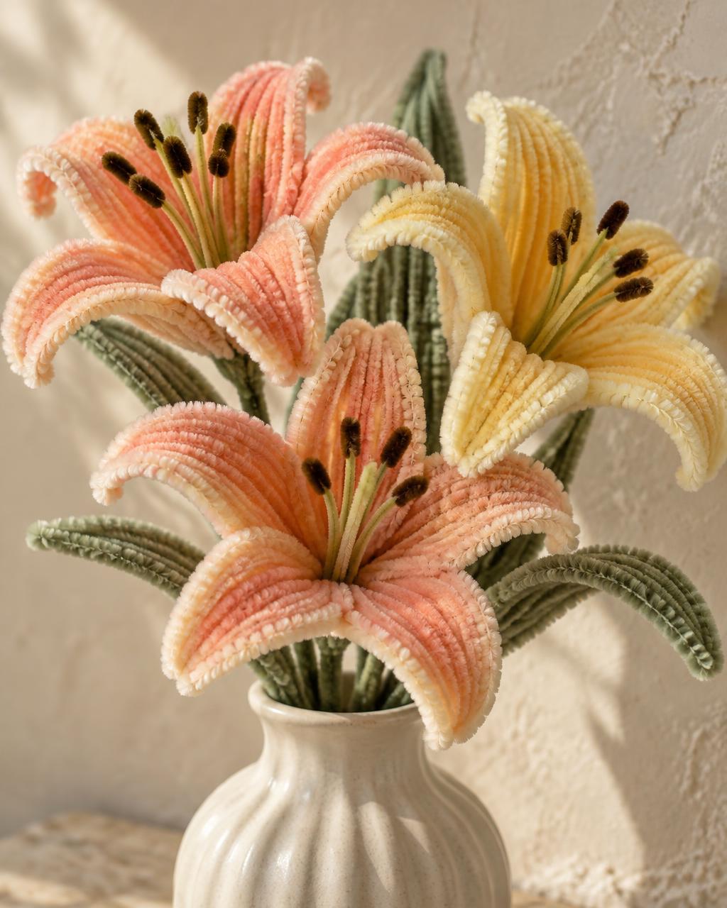 Peach and butter-yellow velvet lilies with sage leaves