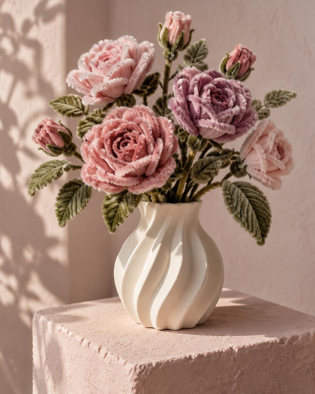 Handcrafted dusty rose chenille roses in an ivory vase